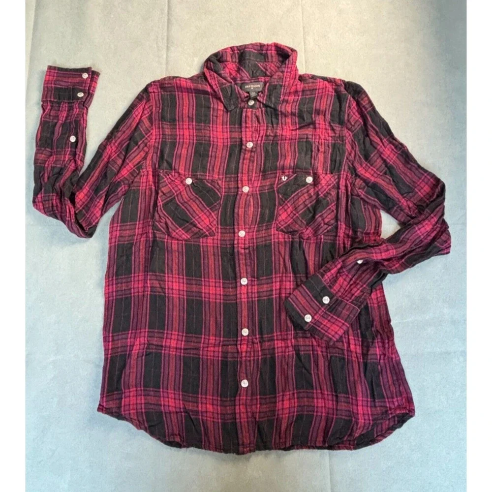 True Religion Western Shirt Adult L Red/Black Buffalo Plaid L/S Button Up